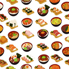 Vector illustration of traditional Japanese food featuring ramen and assorted sushi seamless pattern