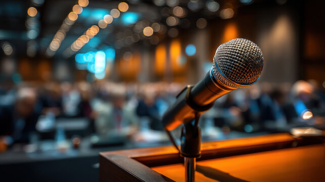 Microphone on podium in conference hall with blurred audience and warm lighting creating engaging atmosphere for public speaking or presentation event