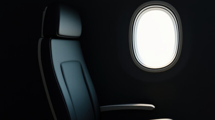 Minimal airplane seat near window with soft lighting and dark interior, creating calm and quiet atmosphere inside cabin