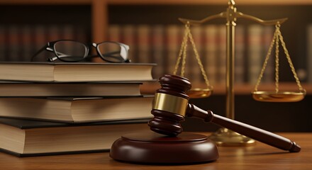 Gavel Resting on Sound Block Near Books and Balance Scale