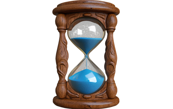 A wooden hourglass with blue sand, isolated on a transparent background. This is a PNG file suitable for cut-out design