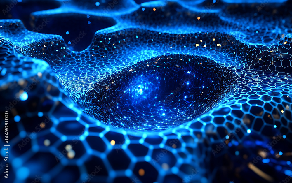 Poster blue technology background with hexagons and glowing elements for presentation or banner design.