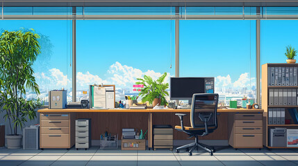 Pixel Art Office Interior With City View