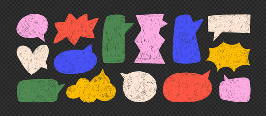 Colorful crayon drawn funky speech bubble silhouettes on transparent background. Hand drawn vector talk balloons in comic sketch style. Grunge pencil texture. Doodle dialog balloon elements collection