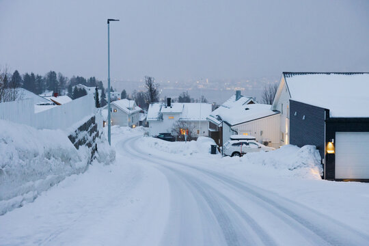 Snowy Residential Street in Winter