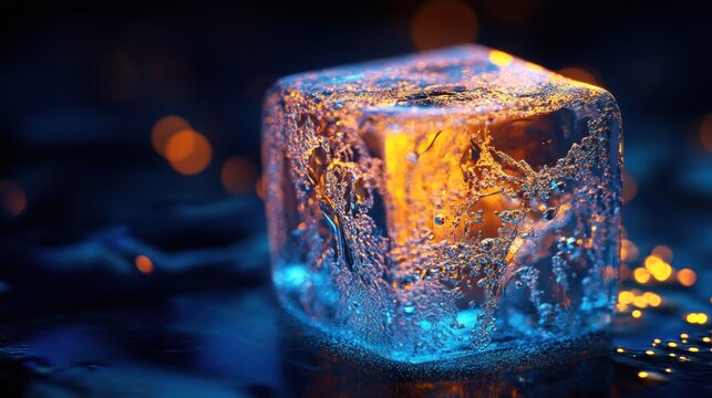 A close-up of a clear ice cube resting on a reflective surface, illuminated by vibrant orange and blue lights. The ice cube displays intricate patterns and bubbles trapped inside, adding a textured vi - Powered by Adobe