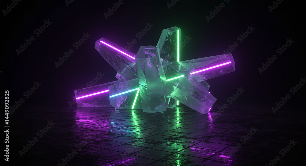 Poster glowing neon lights illuminating abstract crystal structure in dark room