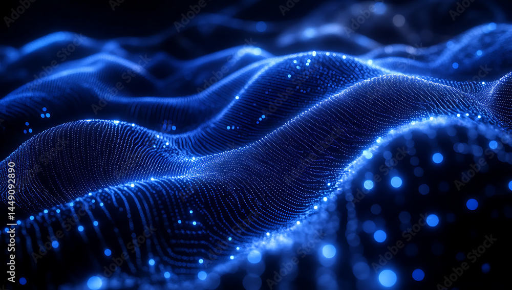 Poster blue technology background with glowing dots and lines, dark blue background for digital network or 