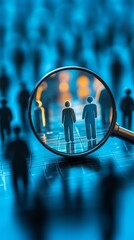 Human resources management concept showcasing employment headhunting and recruiting with online technology, where a magnifying glass focuses on a manager icon, the best candidate to join the team. 