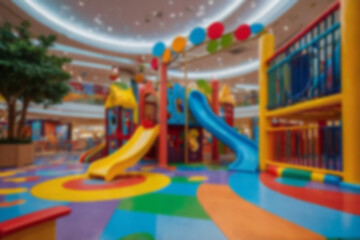 interior of children's play area in a blurry mall, slide game, no people, bright lighting, colorful, children's play area, blurry wallpaper