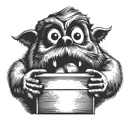 Whimsical Monster Holding Box with Surprised Expression Engraving