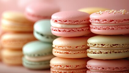 Obraz premium Pastel Macarons Stack with Pink Background.
