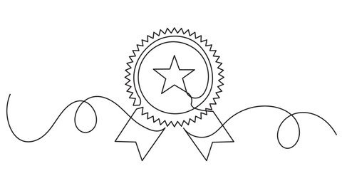 Continuous line drawing of a hand-drawn vector of a Rosette Stamp award badge with award.medal Premium quality & warranty concept in minimalist linear style.Medal doodle illustration,isolated on white