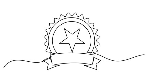 Continuous line drawing of a hand-drawn vector of a Rosette Stamp award badge with award.medal Premium quality & warranty concept in minimalist linear style.Medal doodle illustration,isolated on white