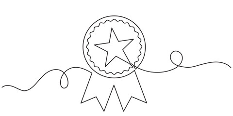 Continuous line drawing of a hand-drawn vector of a Rosette Stamp award badge with award.medal Premium quality & warranty concept in minimalist linear style.Medal doodle illustration,isolated on white