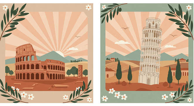 Colosseum and leaning tower of pisa with sunbeams and olive branches decoration