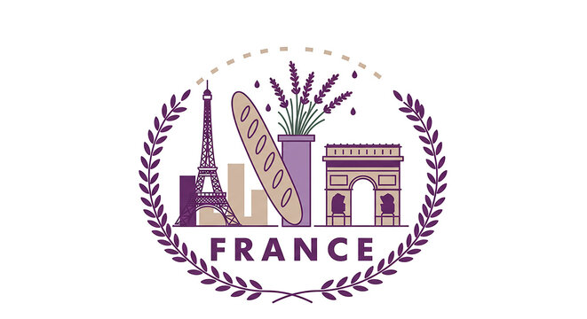France travel round stamp showcasing eiffel tower, arc de triomphe, baguette and lavender