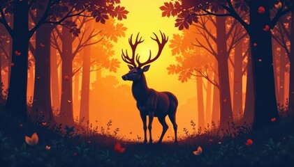 Silhouette of a deer in the forest with leaves and branches forming its outline, deer, animal, wildlife