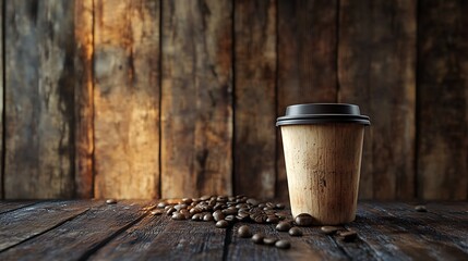 Naklejka premium Coffee cup and coffee beans on wooden background. Copy space