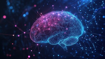 Abstract 3D illustration of a glowing digital brain with neural network connections, representing artificial intelligence, deep learning, and neuroscience.