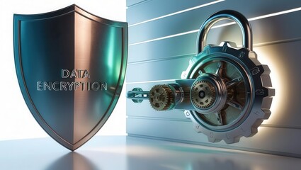Cybersecurity awareness best practices concepts. A metallic shield labeled "Data Encryption" stands beside a secure vault lock, symbolizing cybersecurity and data protection.