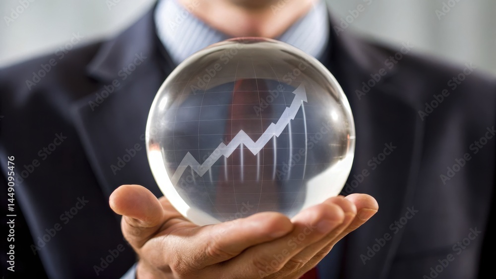 Poster a person in a suit holds a crystal ball with a graph indicating growth, symbolizing forecasting and 