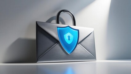 Cybersecurity awareness best practices concepts. A metallic envelope with a padlock handle and a blue shield, symbolizing secure email or data protection.