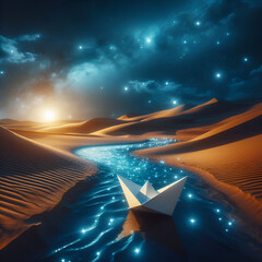 Paper Boat on Starry River in Desert