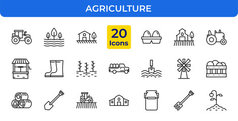 Agriculture Vector Icon Set - Farm, tractor, plant, harvesting, barn, field, well, boots, seeds, truck, irrigation, windmill, eggs, shovel, cultivator, milk can, rake, seedling - Editable Line Weight
