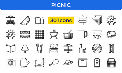 Picnic Vector Icon Set - Picnic table, watermelon, bread, signpost, napkin, no fish, steak, blanket, grill, basket, mug, fish, book, tree, cutlery, tissue, bottle, hot dog - Editable Line Weight