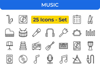 Music Vector Icon Set - Saxophone, vinyl, mixer, metronome, piano, drum, headphones, tambourine, equalizer, music stand, xylophone, radio, guitar, keyboard, djembe, speaker, CD - Editable Line Weight