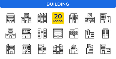 BuildingIcons Set. Modern thin line vector illustration of house, villa, apartment, residential property, construction, architecture, and urban city development outline pictograms isolated