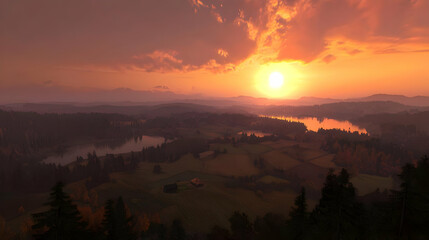 Obraz premium Autumnal Sunset Over Mountainous Landscape With Lake And City