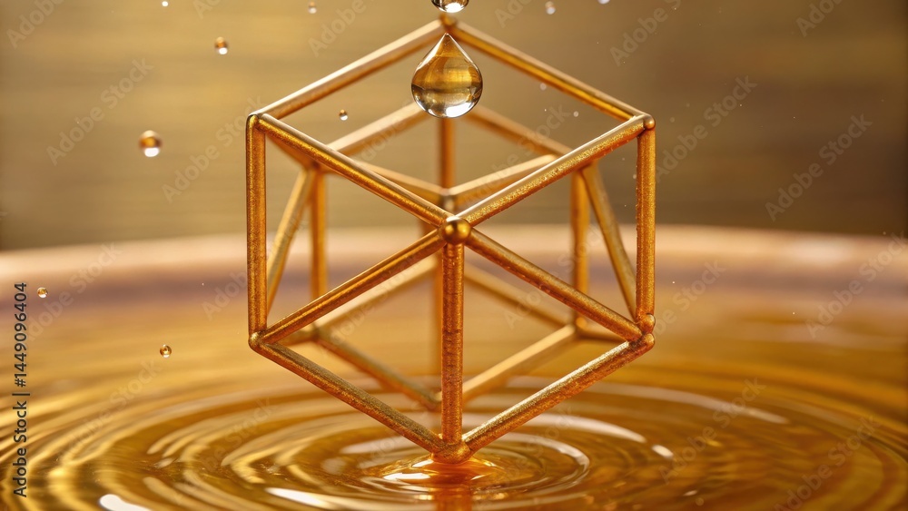 Aufkleber a golden geometric shape is suspended above rippling water, capturing droplets that create a mesmeri