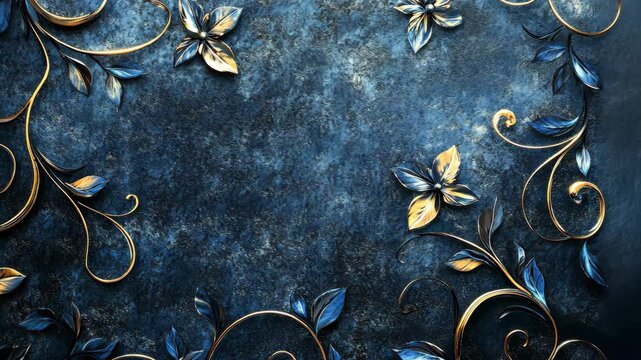 Dark blue textured background with gold floral metal design; ornate, elegant, vintage style