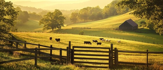 farm gate with grazing cows and rolling green hills