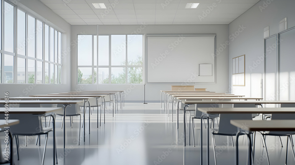 Poster empty modern classroom with sunlight through large windows