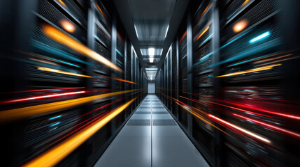 Data center corridor with server racks and colorful light trails creating dynamic and futuristic atmosphere, emphasizing technology and speed in modern environment
