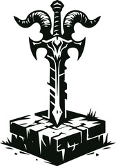 Stylized Demonic Sword Impaled In A Cracked Stone Block Dark Fantasy Emblem With Graphic Strength