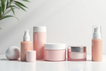 Various cosmetic containers on white backdrop, make up, background, eyeshadow