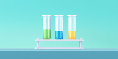 Test tubes with colorful liquid in rack on blue surface against turquoise background, showing green, blue, and yellow fluids in clean laboratory setting