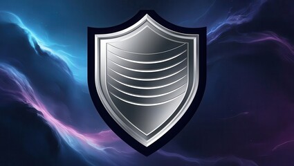 Fototapeta premium Cybersecurity awareness best practices concepts. A silver shield emblem with a futuristic design is centered on a dark, glowing, abstract background.