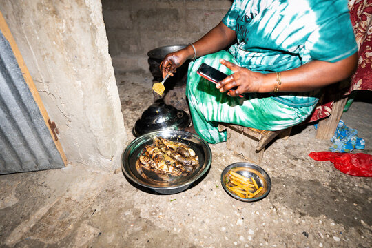 Senegalese woman seasoning fish and consulting smartphone