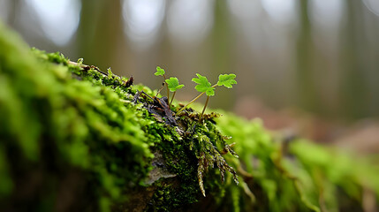 Close Up Of Small Green Sprout On Moss Covered Log