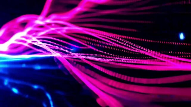 Close-up animation of flowing pink code lines with electric blue energy sparks on a dark futuristic background