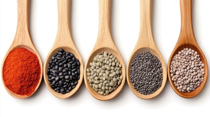 Colorful Spices and Lentils in Wooden Spoons on White Background