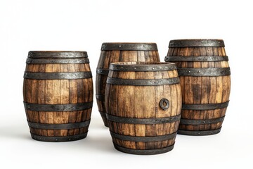 Obraz premium Group of four wooden barrels with metal bands on a plain white background