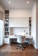 home office with a desk and bookshelves
