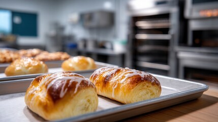 High-resolution stock photo of pastries on metal baking sheets in the kitchen, with a blurred background showing an oven and cabinets. The focus is a close-up view with detailed.