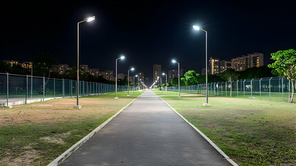 Illuminated Night Path Through Residential Area